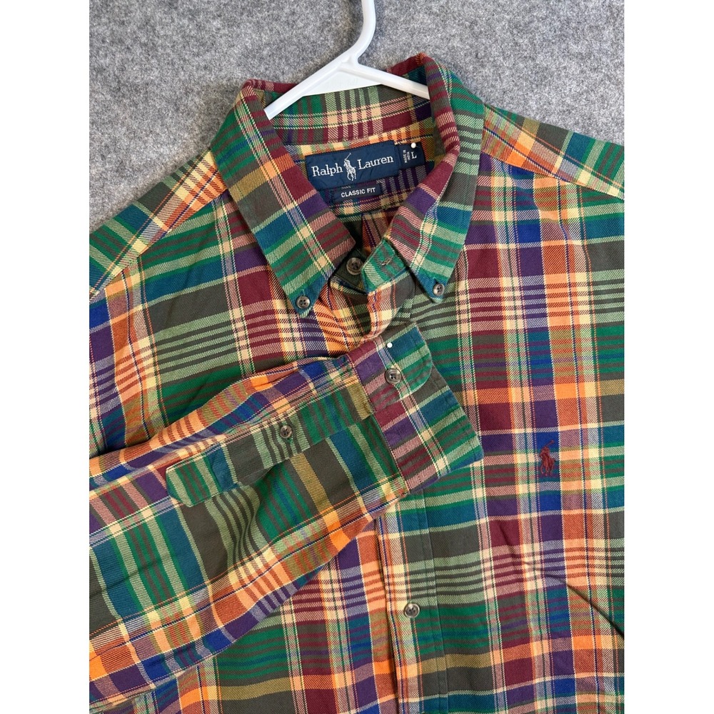 Ralph Lauren Mens Classic Fit Plaid Button Down Shirt Multi Color Cotton Large